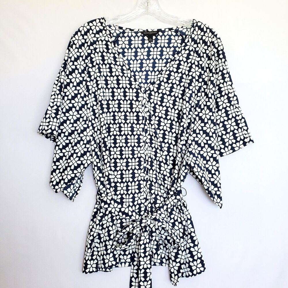 Banana Republic Women LG Navy Geometric Long Tunic Belt Fitted Waist Bell Sleeve